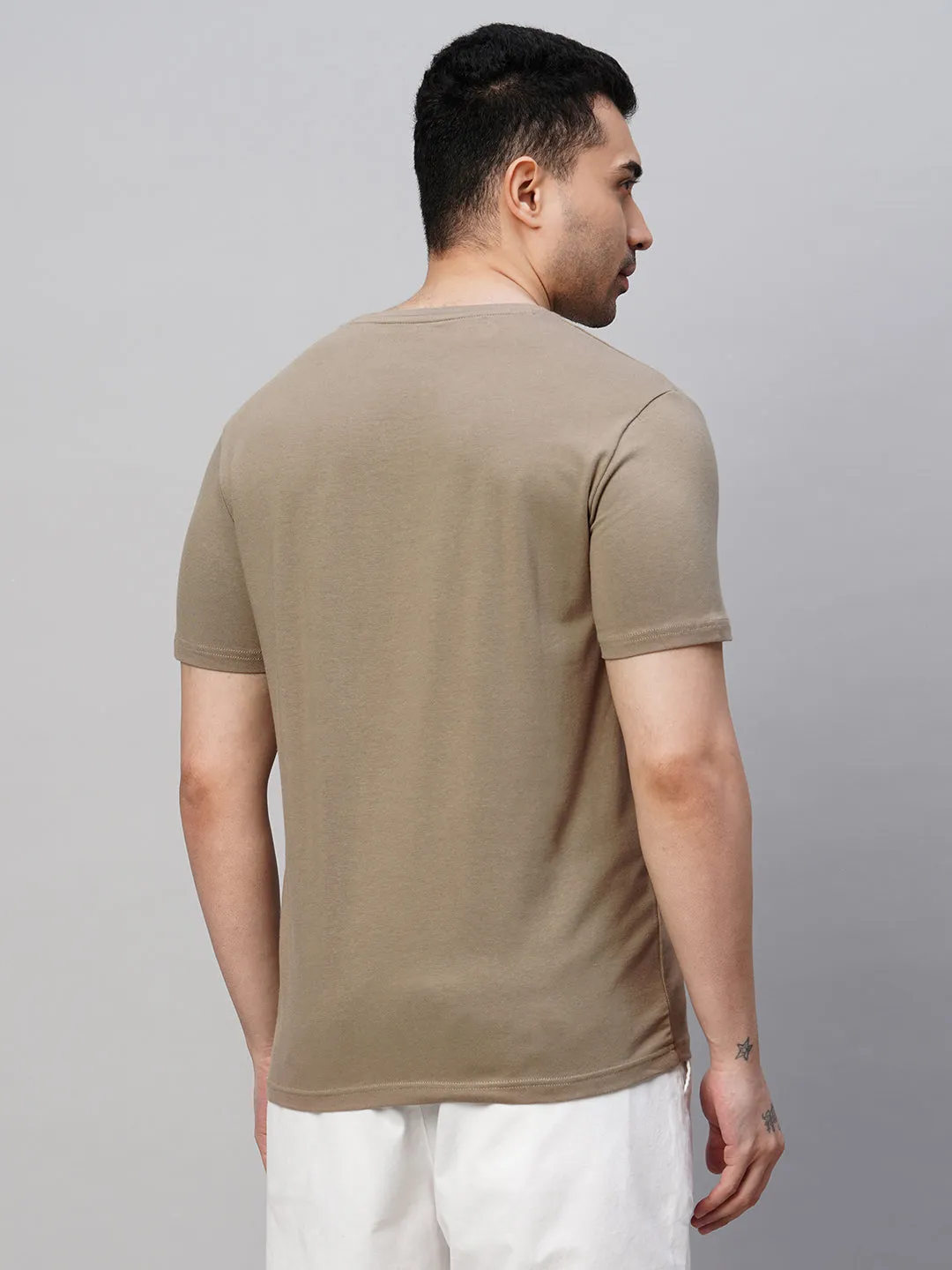 Men's Khaki Cotton Bamboo Elastane Regular Fit Tshirt