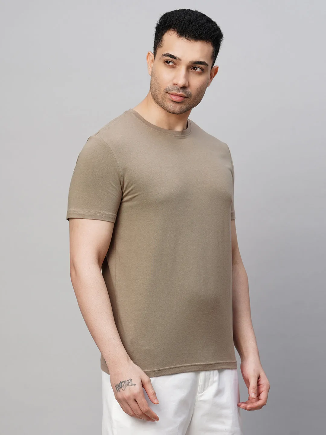 Men's Khaki Cotton Bamboo Elastane Regular Fit Tshirt