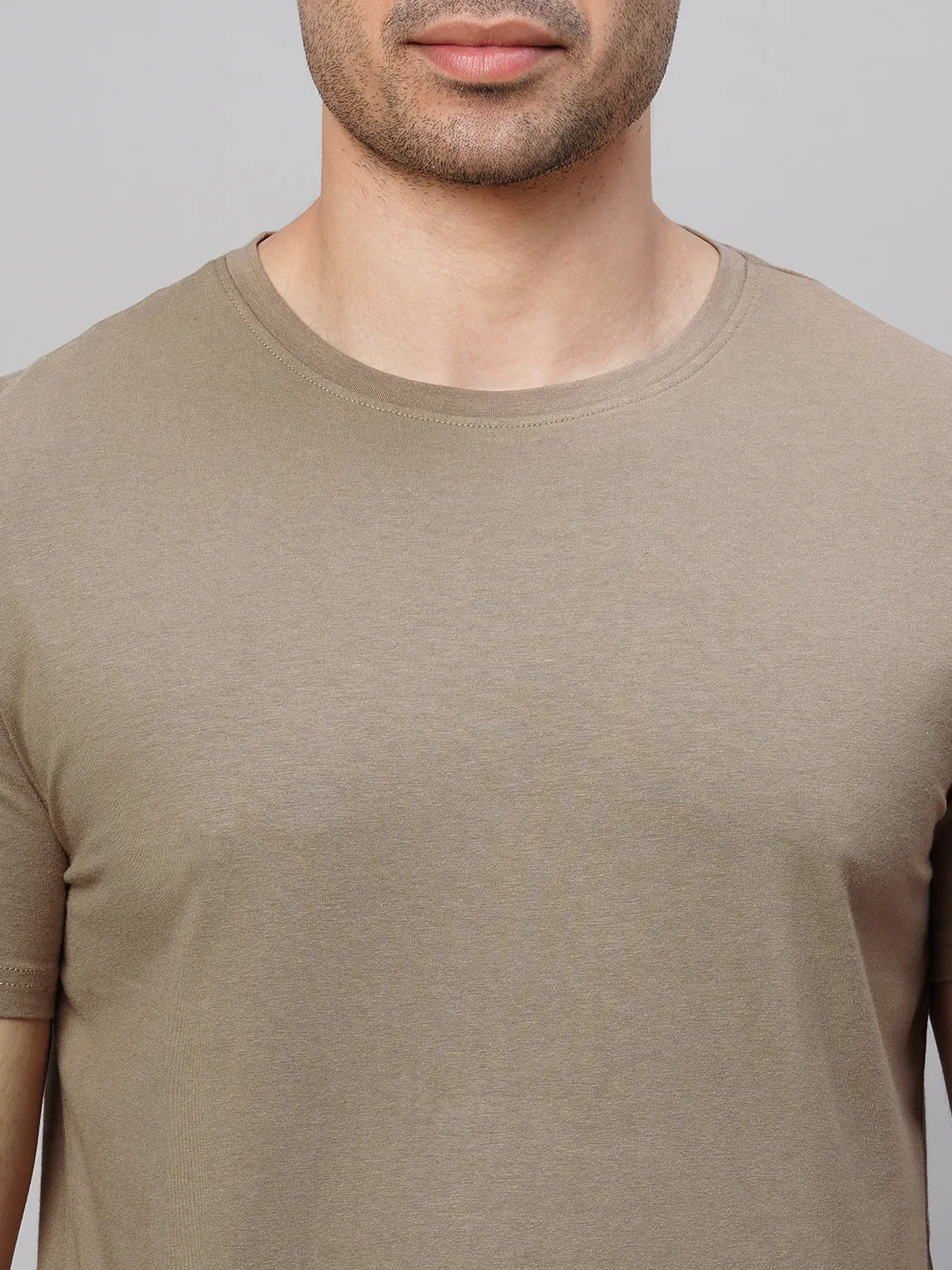 Men's Khaki Cotton Bamboo Elastane Regular Fit Tshirt