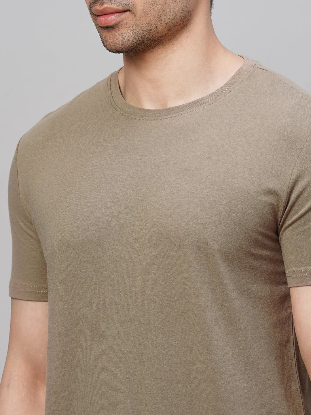 Men's Khaki Cotton Bamboo Elastane Regular Fit Tshirt