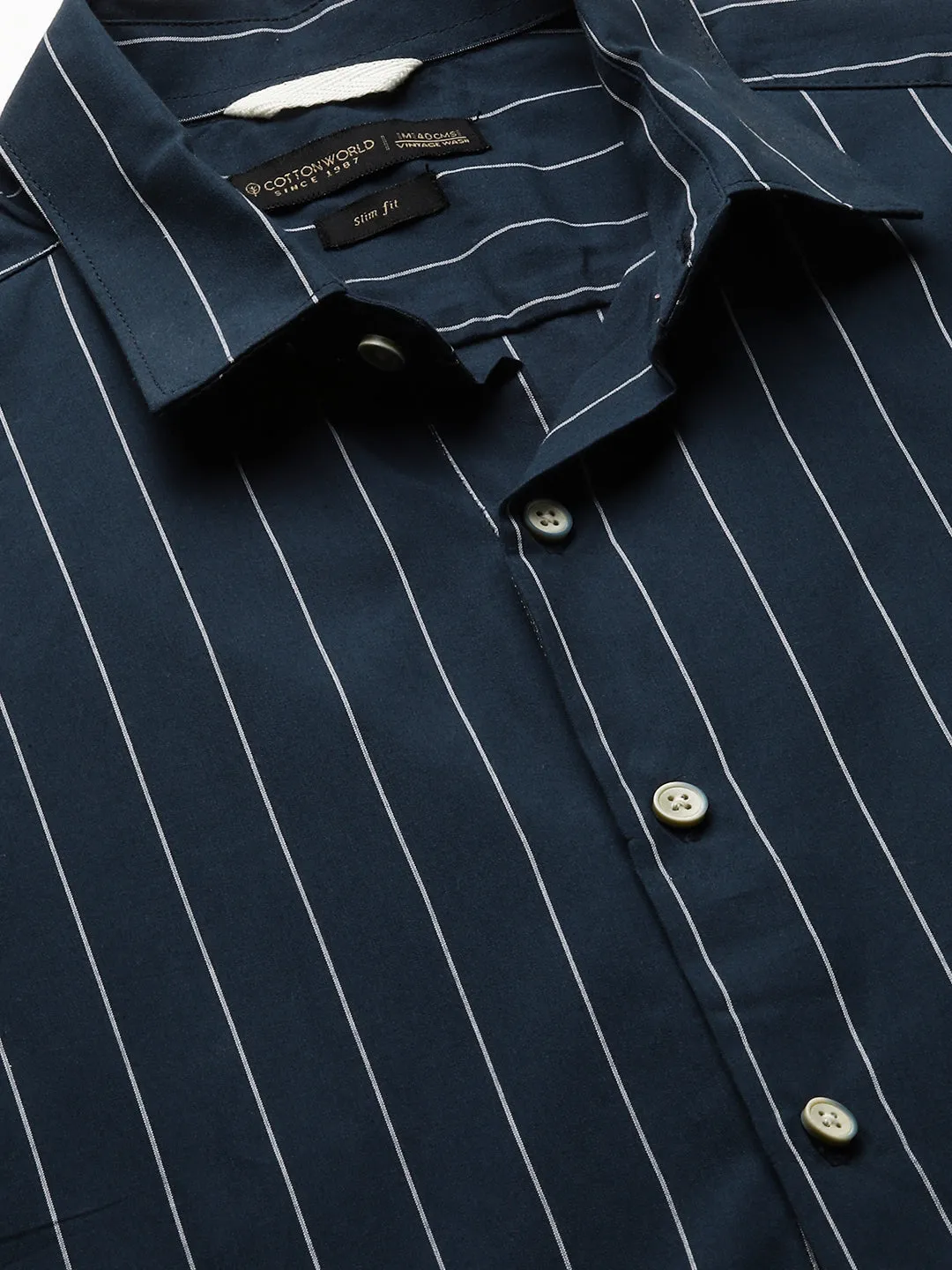 Men's Navy Cotton Slim Fit Striped Shirt