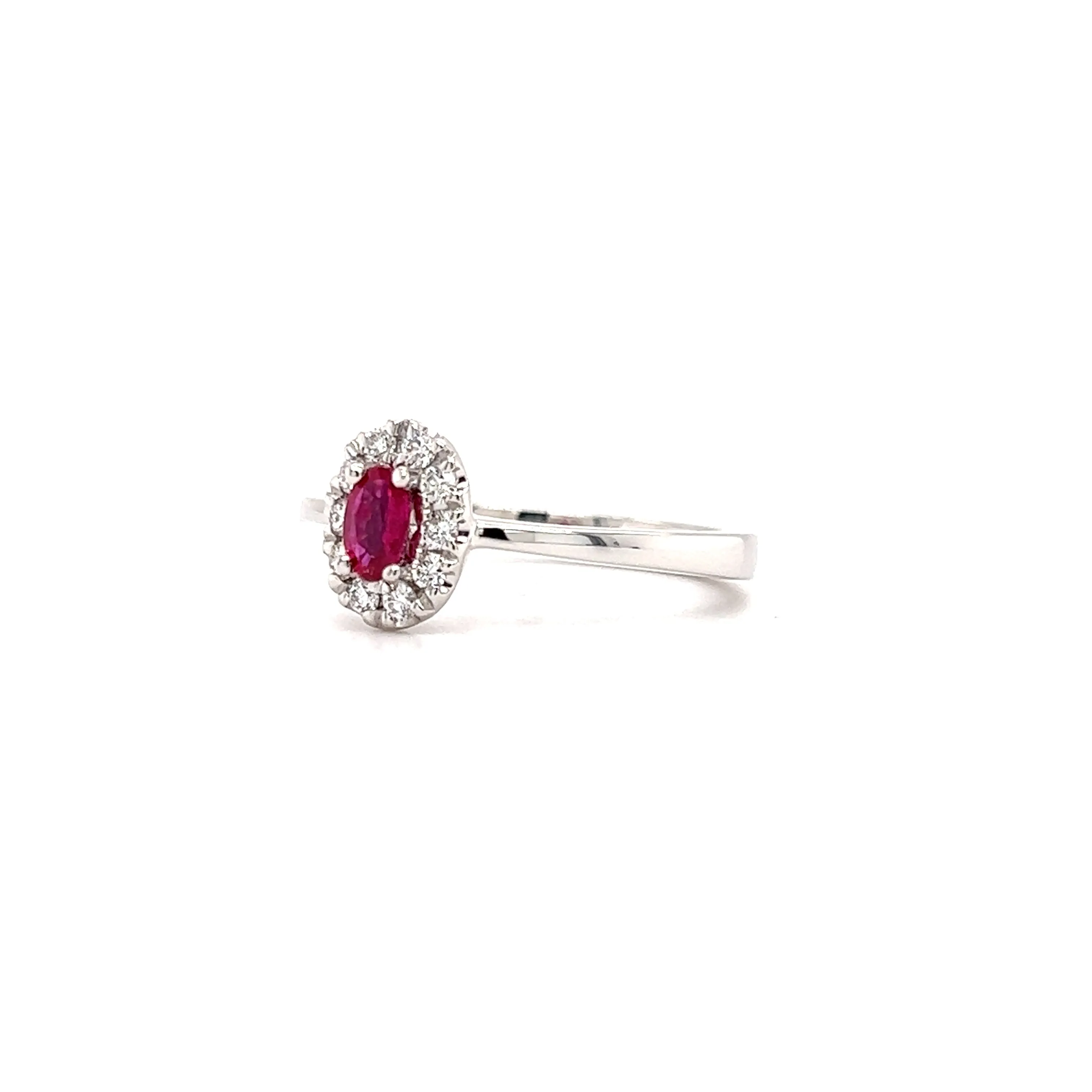 Oval Ruby Ring with Diamond Halo in 14K White Gold