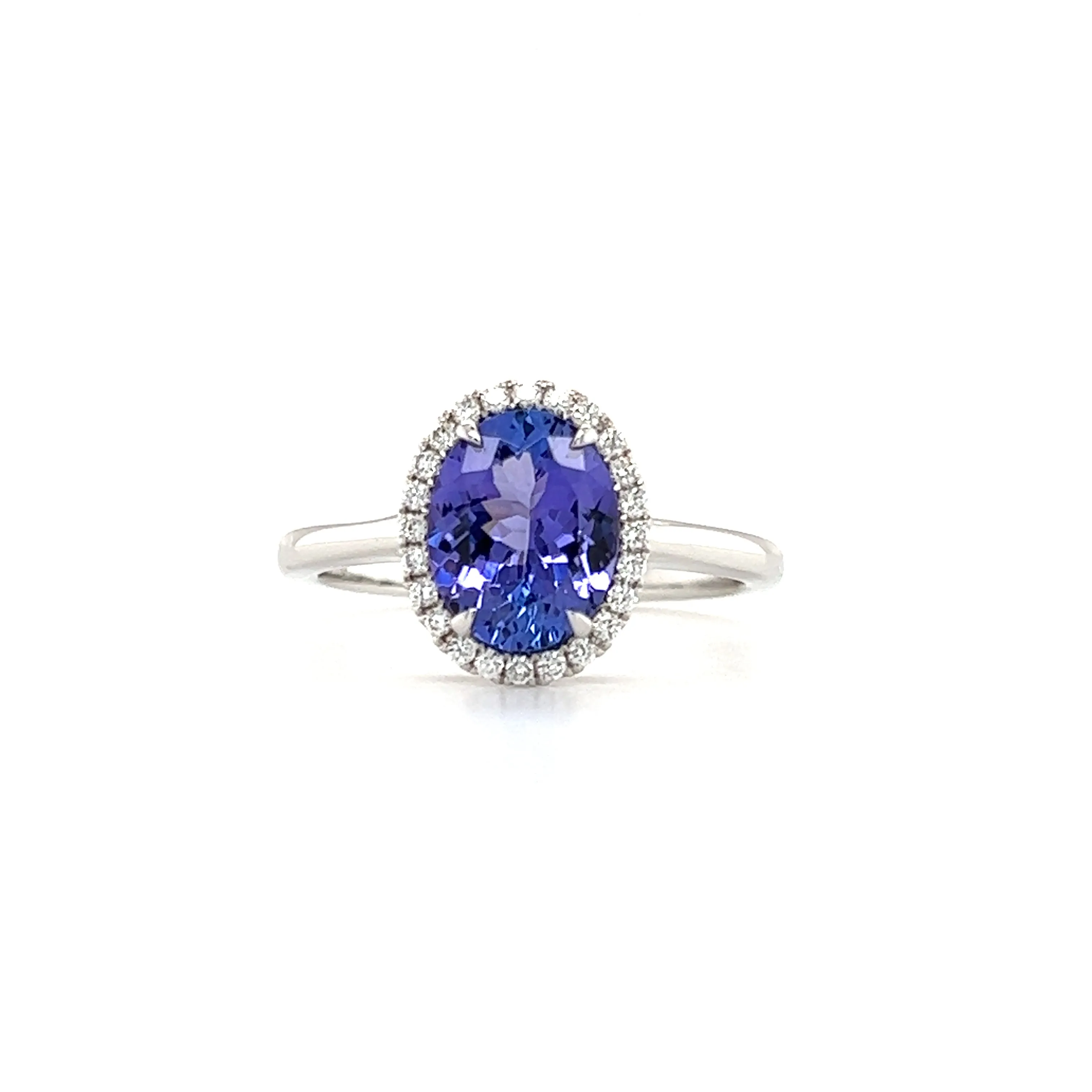 Oval Tanzanite Ring with Diamond Halo in 14K White Gold