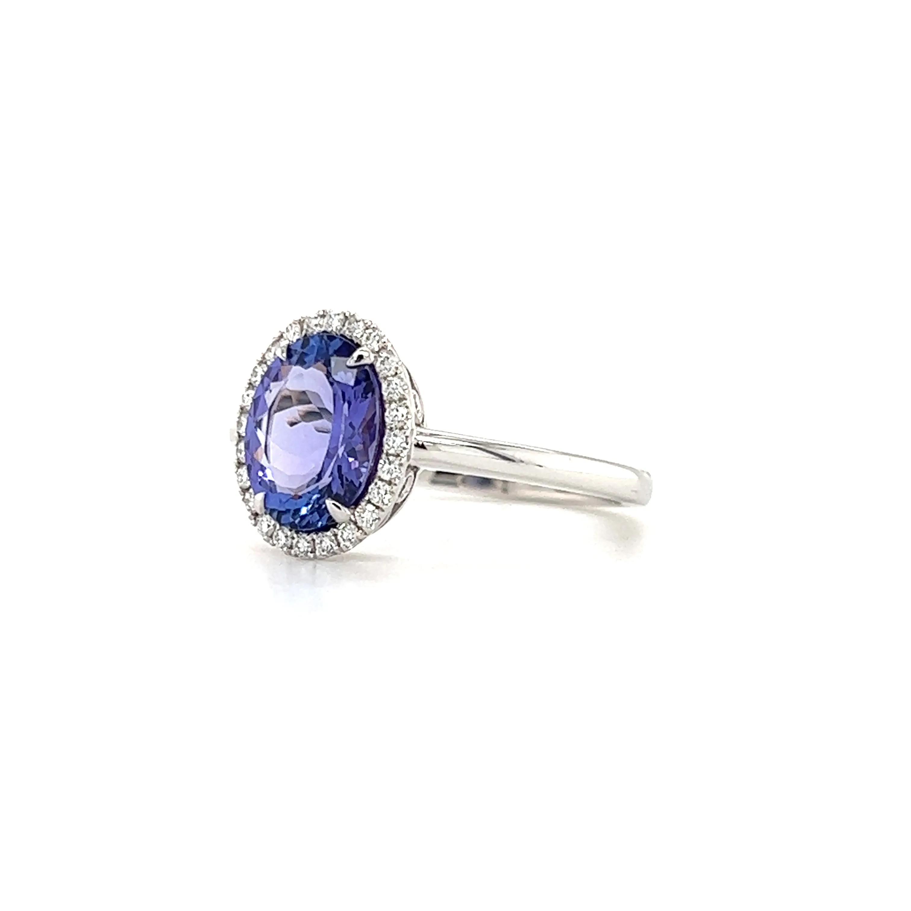 Oval Tanzanite Ring with Diamond Halo in 14K White Gold