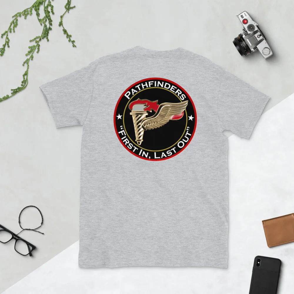 Pathfinder badge and motto First In, Last Out Short-Sleeve Unisex T-Shirt