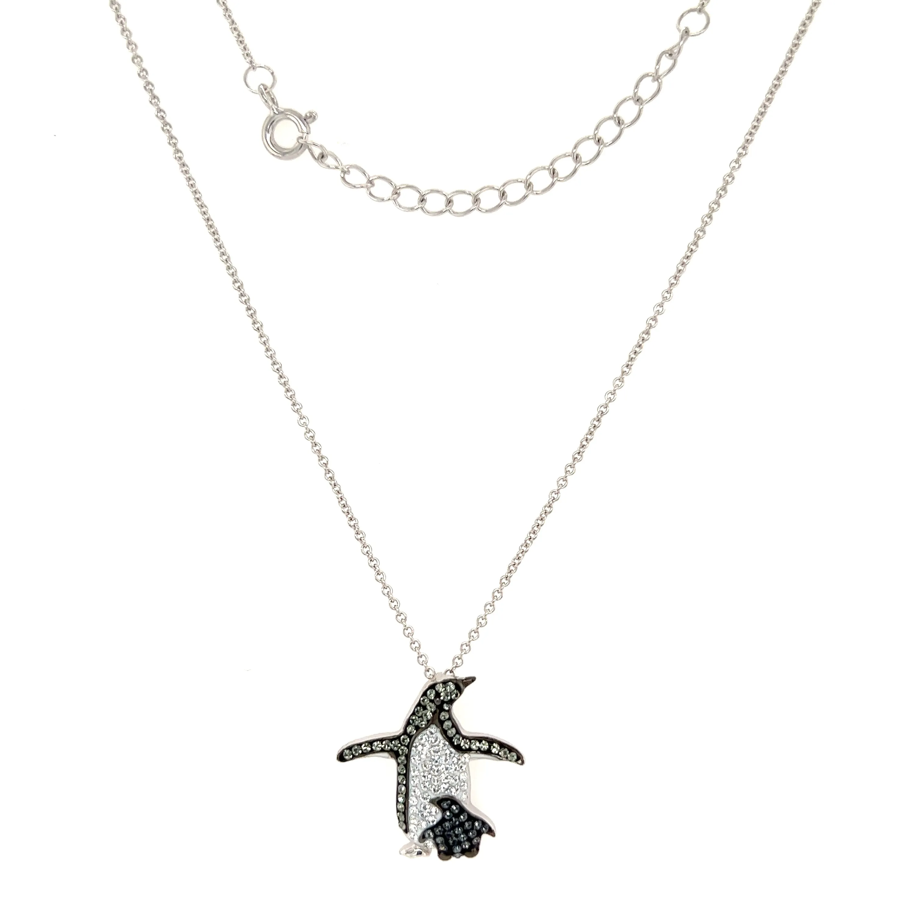 Penguin and Baby Necklace with Crystals in Sterling Silver