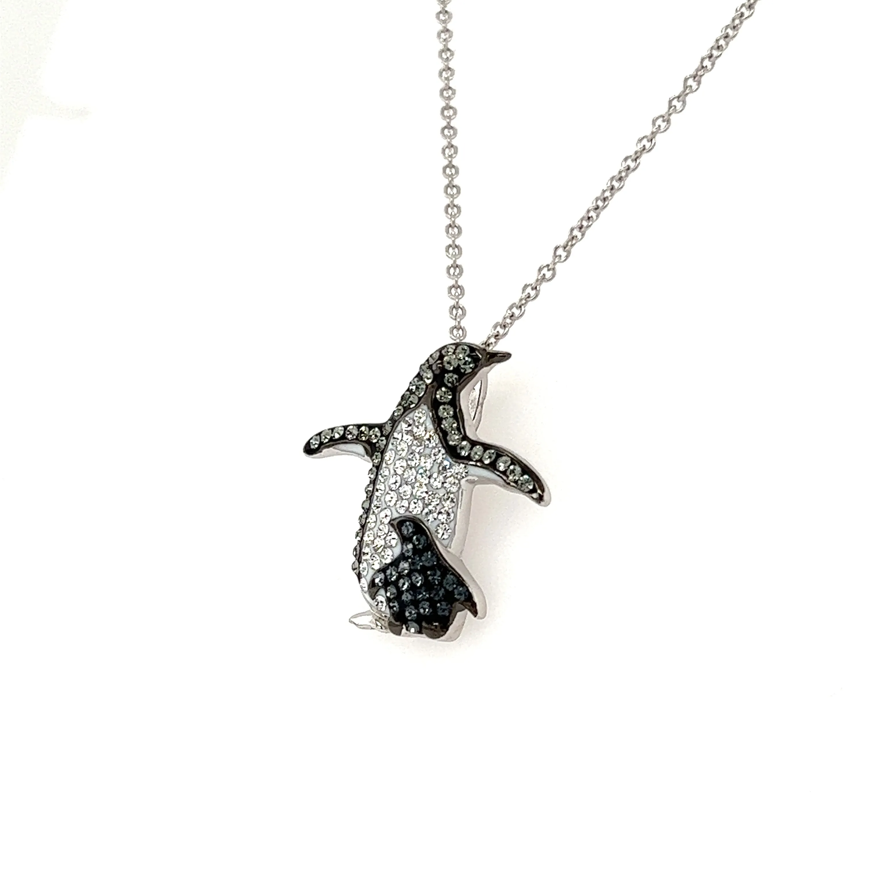 Penguin and Baby Necklace with Crystals in Sterling Silver