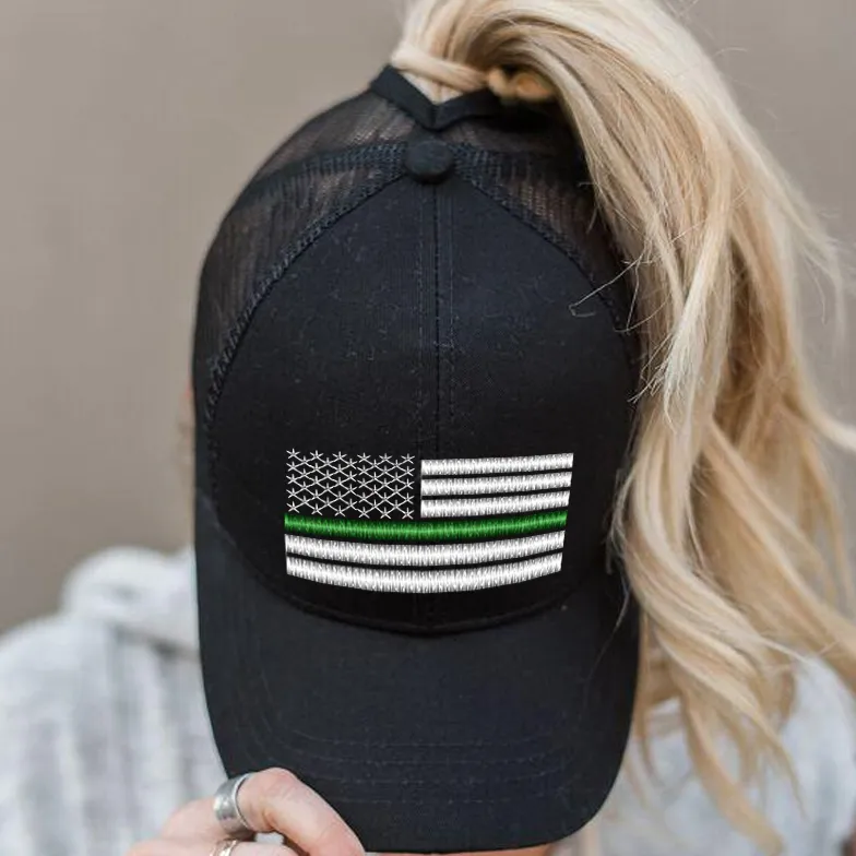 Ponytail Thin Green Line White Flag Hat