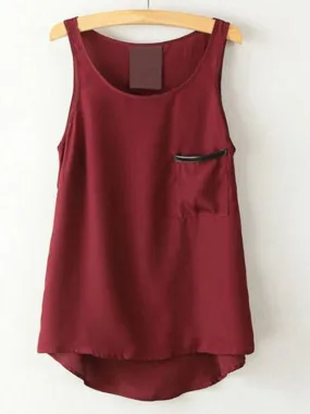 PU Pocket Round Collar Sleeveless Chiffon Vest