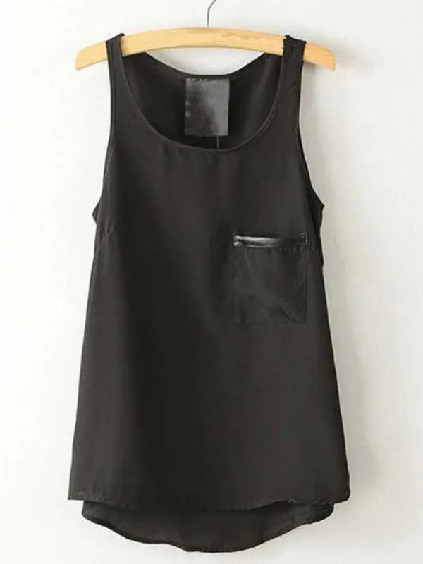 PU Pocket Round Collar Sleeveless Chiffon Vest