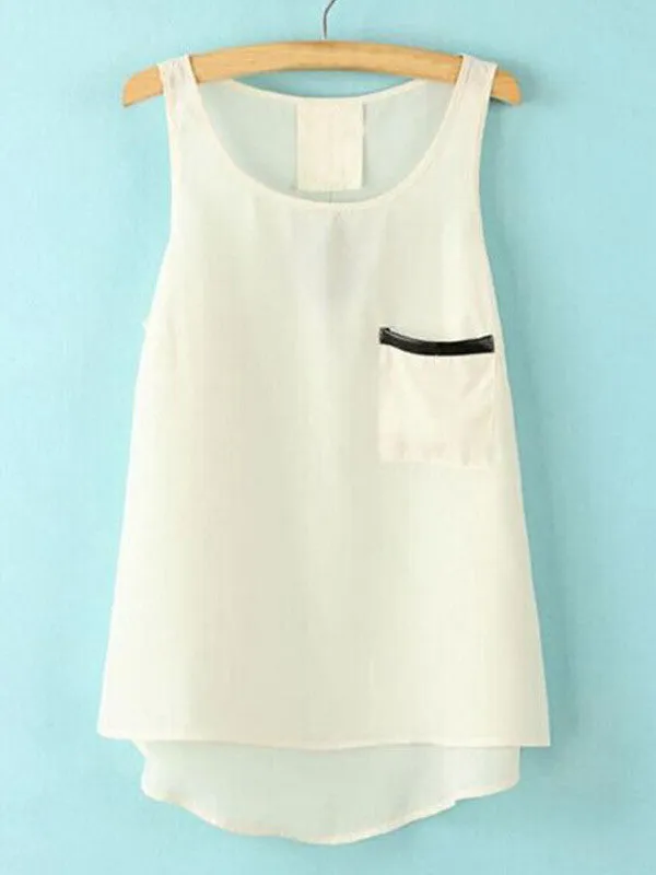 PU Pocket Round Collar Sleeveless Chiffon Vest