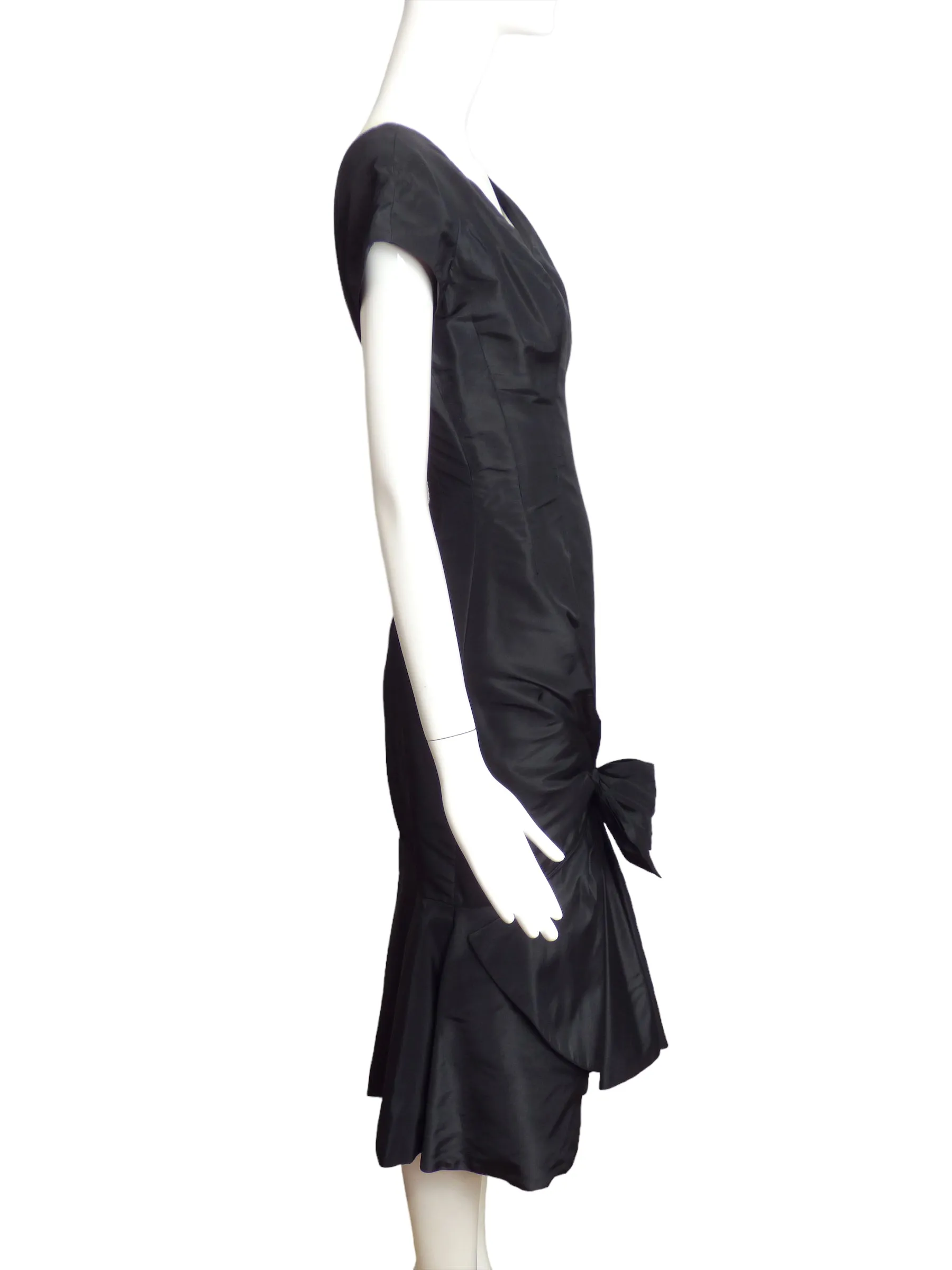 ROBERT MORTON-1950s Black Silk Bow Cocktail Dress, Size 6