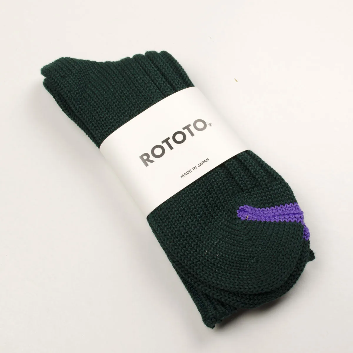 RoToTo - Chunky Ribbed Crew Socks - Dark Green / Purple