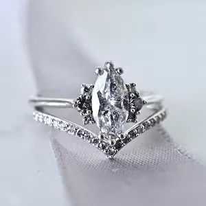 Salt and Pepper Marquise Diamond Engagement Ring White Gold