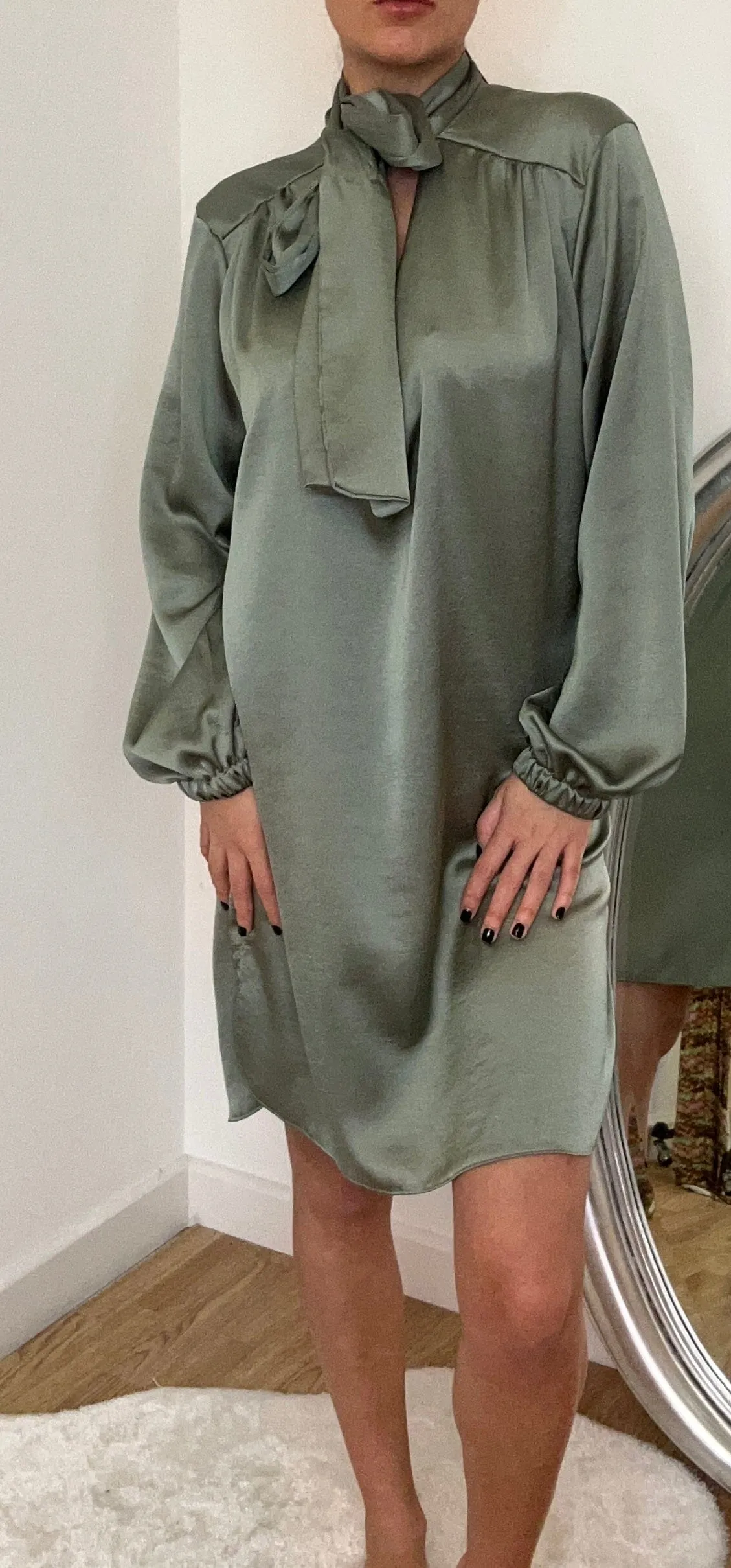 Satin Sage Green Tie Up Loose Dress