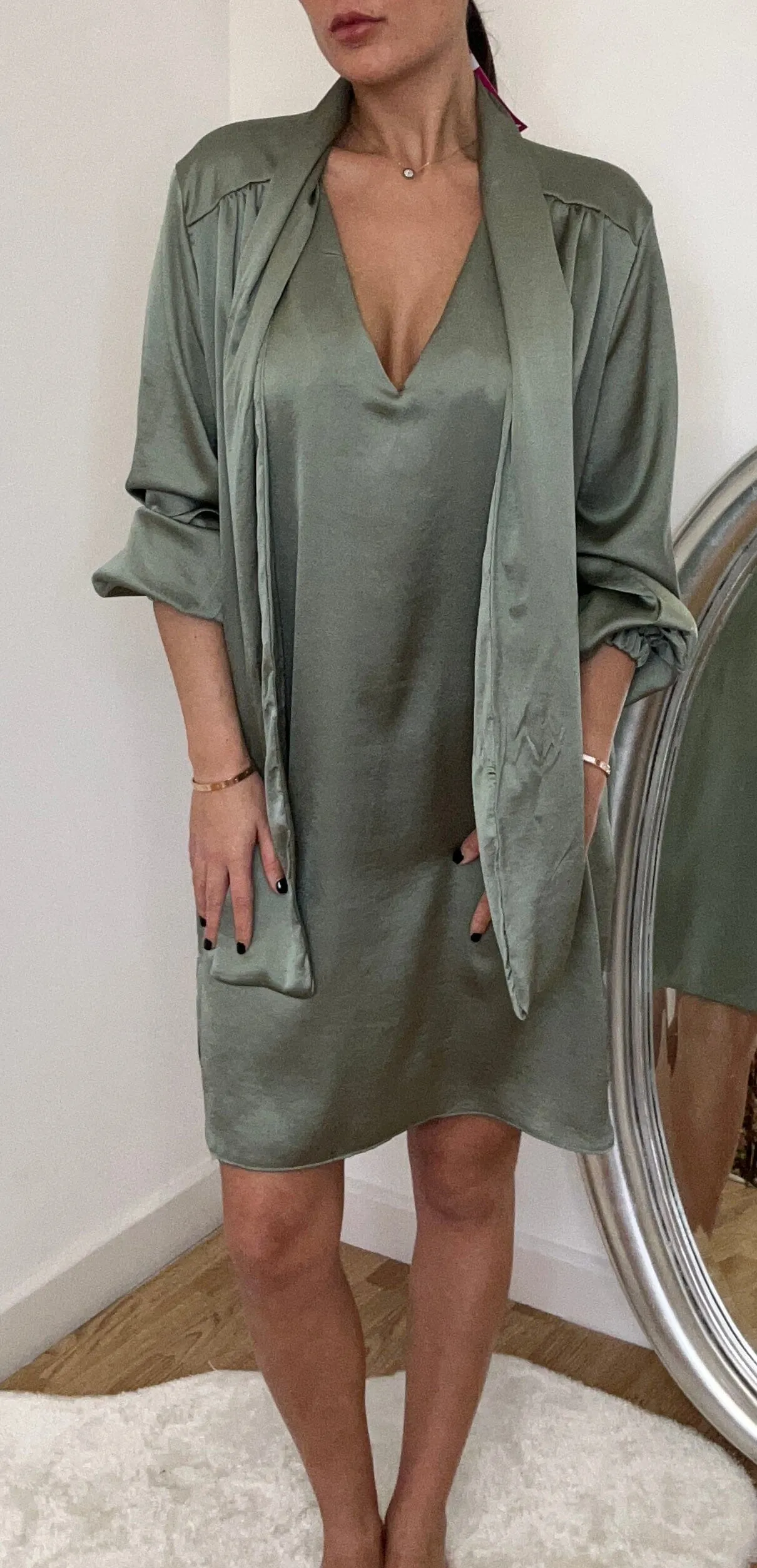 Satin Sage Green Tie Up Loose Dress