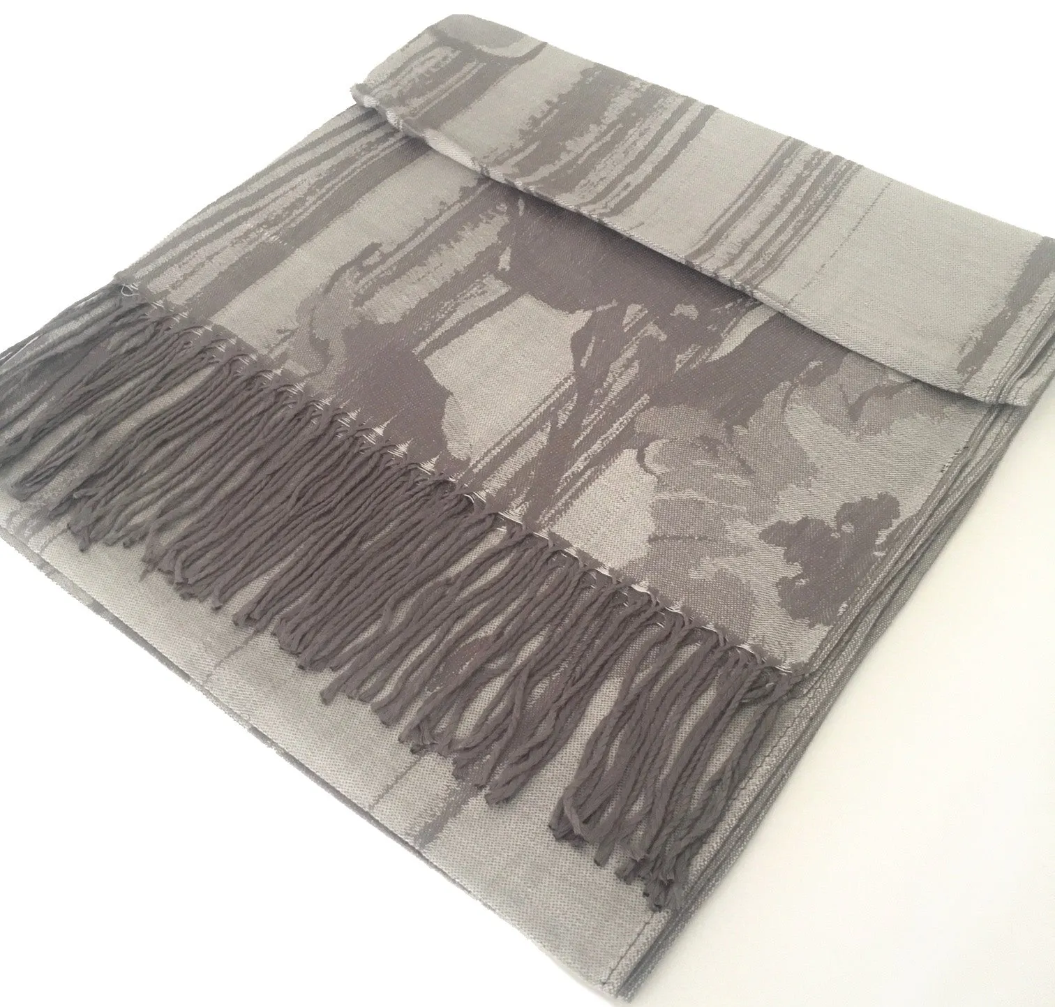 SILVER GREY REVERSIBLE PASHMINA SHAWL SCARF IN ABSTRACT FLORAL PRINT