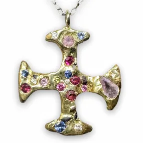 Sold Out - A One-of-a-Kind 18Ct Yellow Gold Cross Adorned with Sapphires