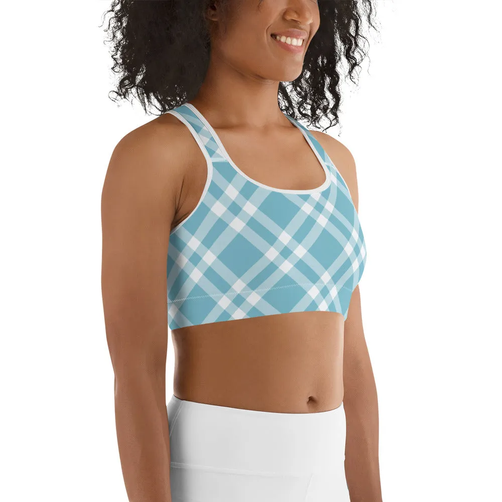 Sports Bra Teal Blue and White Gingham