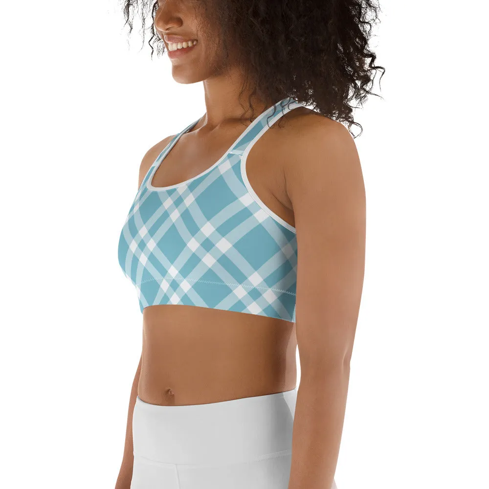 Sports Bra Teal Blue and White Gingham