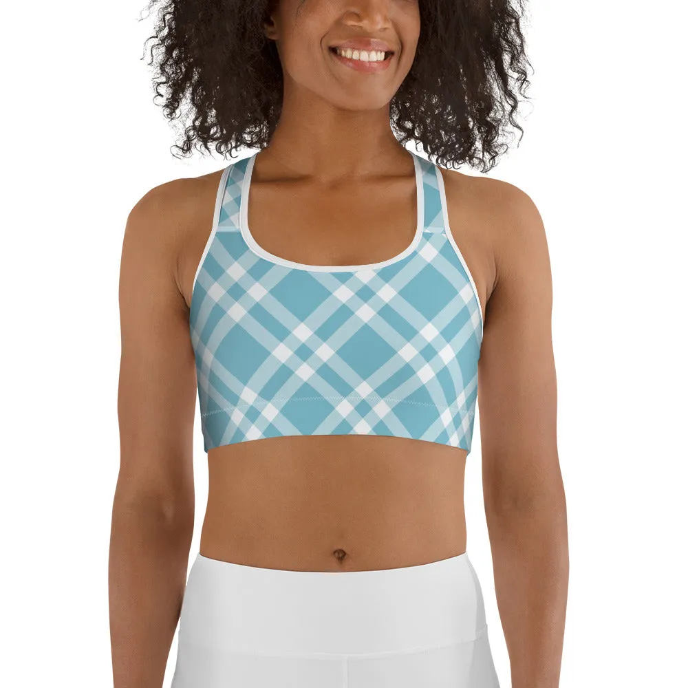 Sports Bra Teal Blue and White Gingham