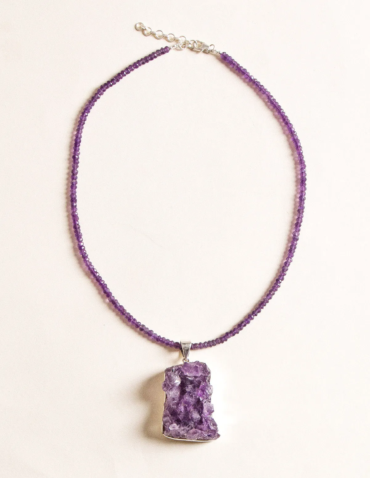 Square Druzy Amethyst Pendant Beaded Necklace - One of a Kind