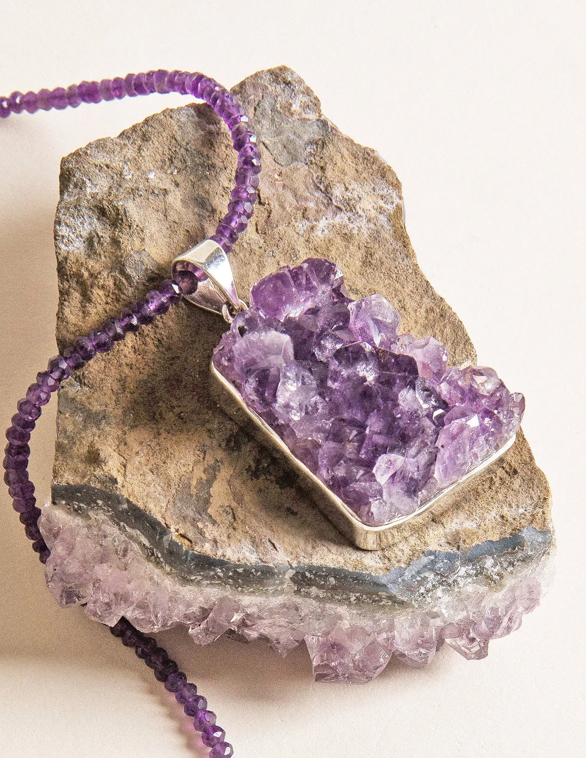 Square Druzy Amethyst Pendant Beaded Necklace - One of a Kind