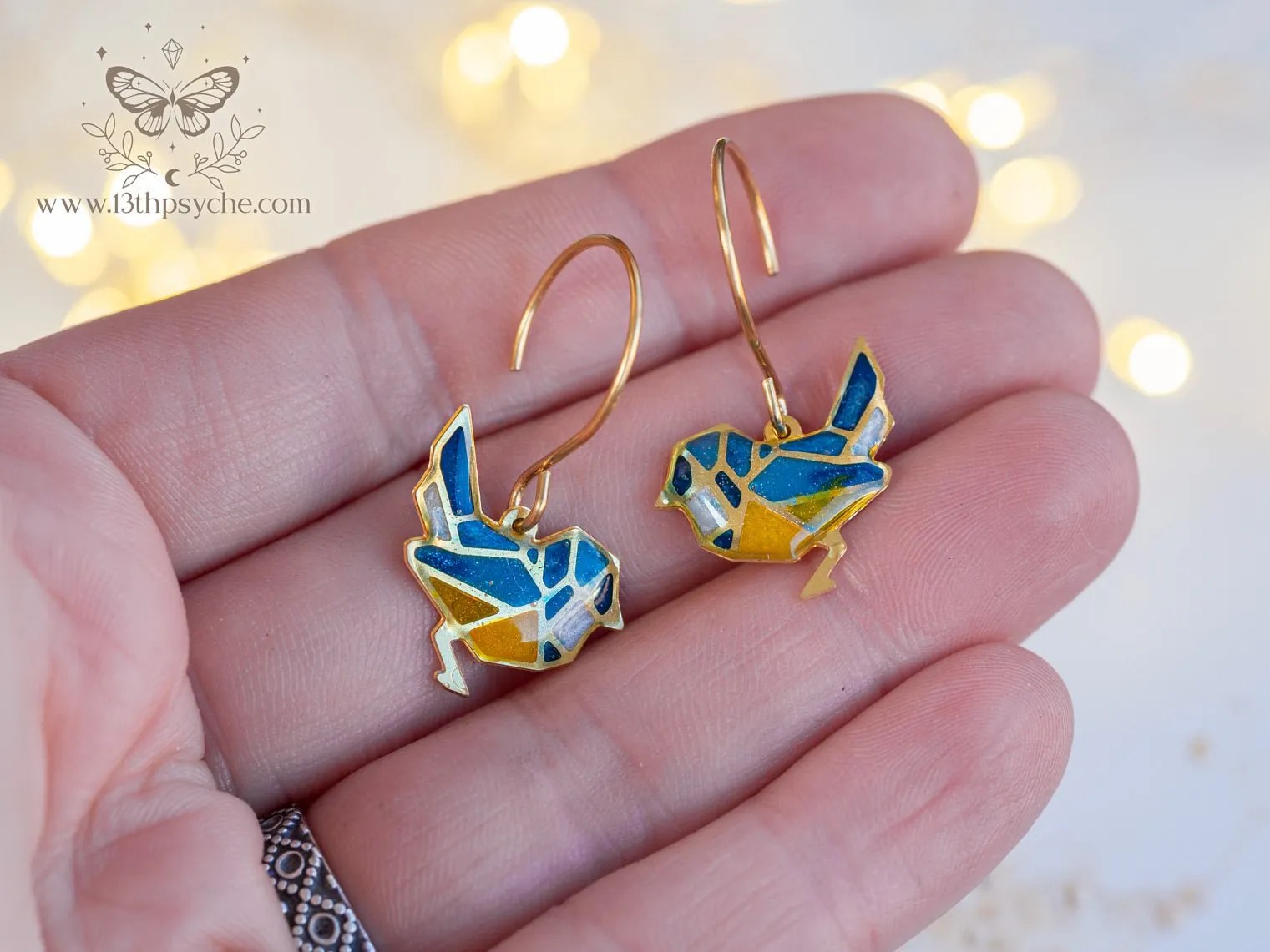 Stained glass inspired tiny blue bird earrings