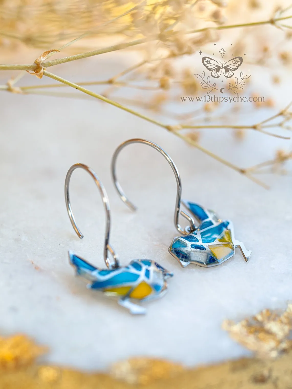 Stained glass inspired tiny blue bird earrings