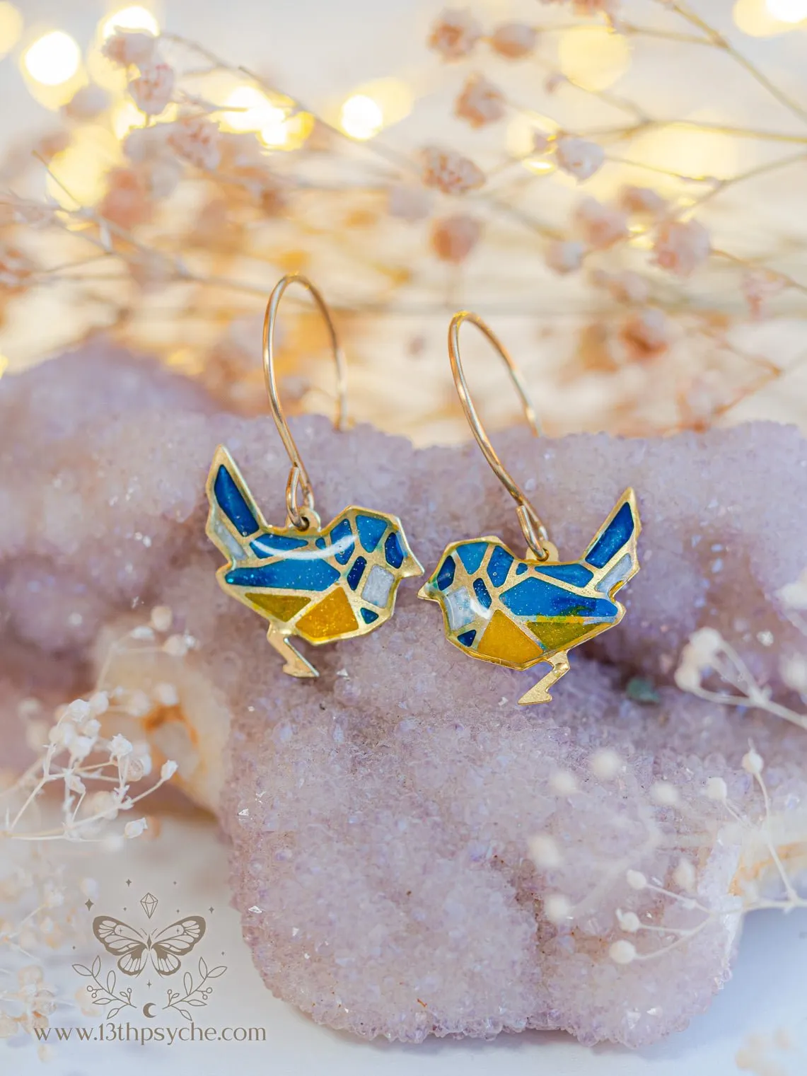 Stained glass inspired tiny blue bird earrings