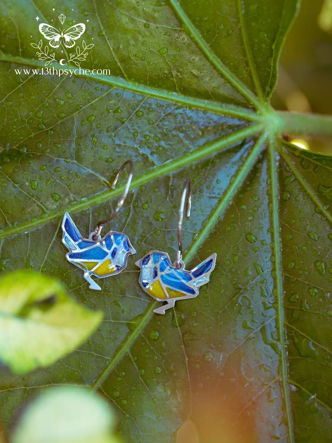 Stained glass inspired tiny blue bird earrings