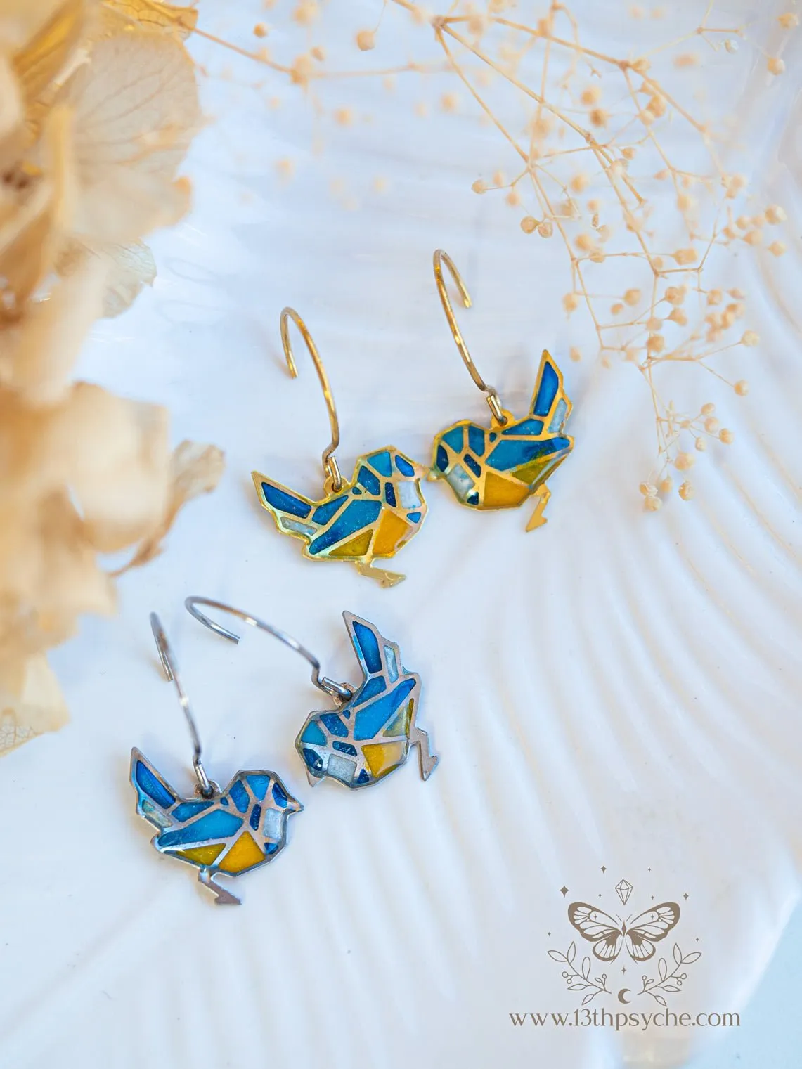 Stained glass inspired tiny blue bird earrings