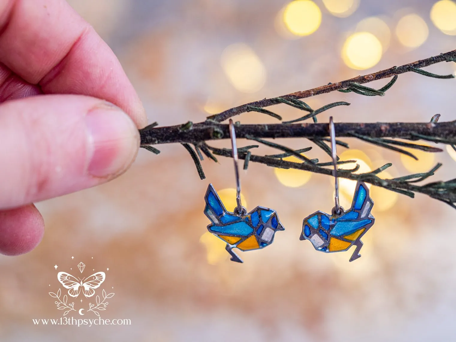 Stained glass inspired tiny blue bird earrings