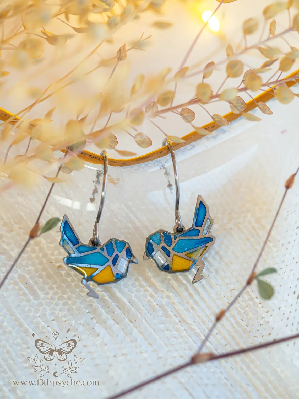 Stained glass inspired tiny blue bird earrings