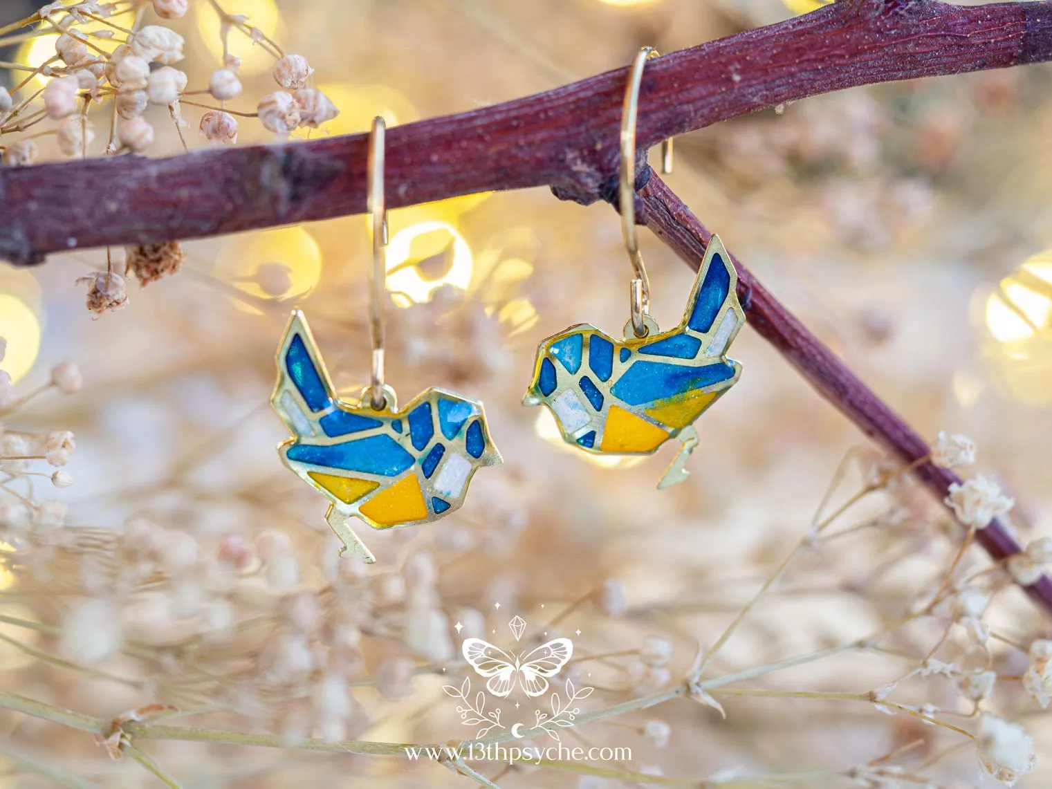 Stained glass inspired tiny blue bird earrings