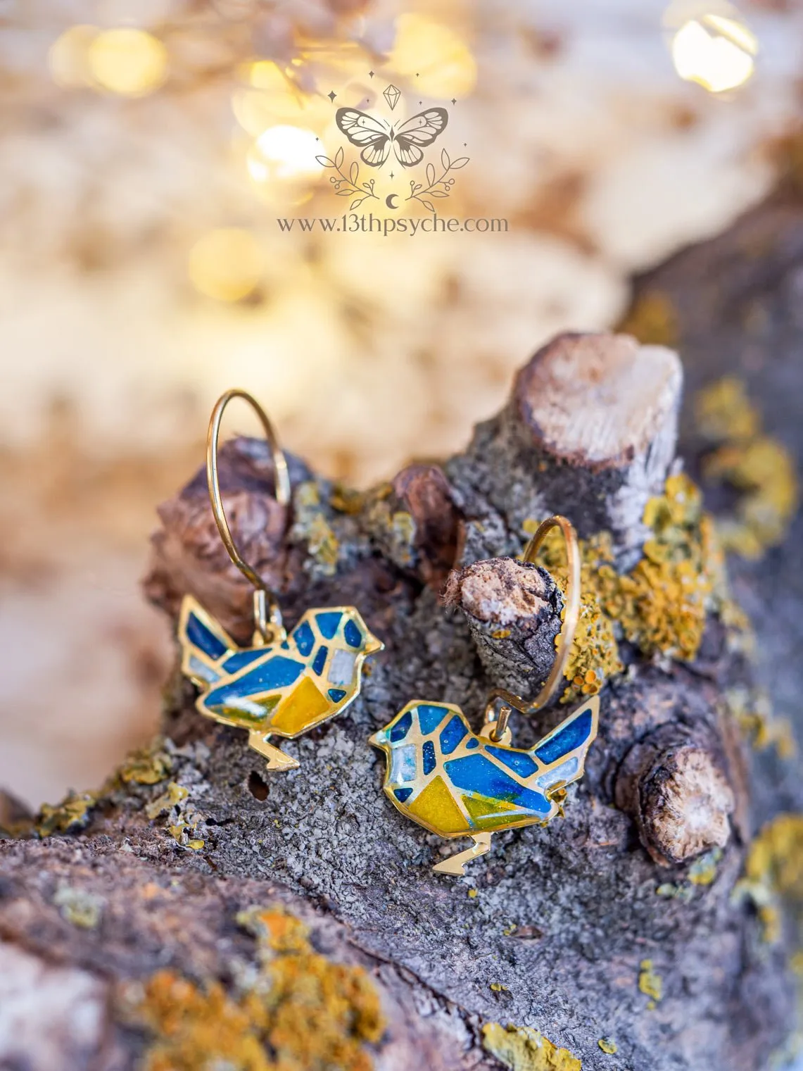 Stained glass inspired tiny blue bird earrings