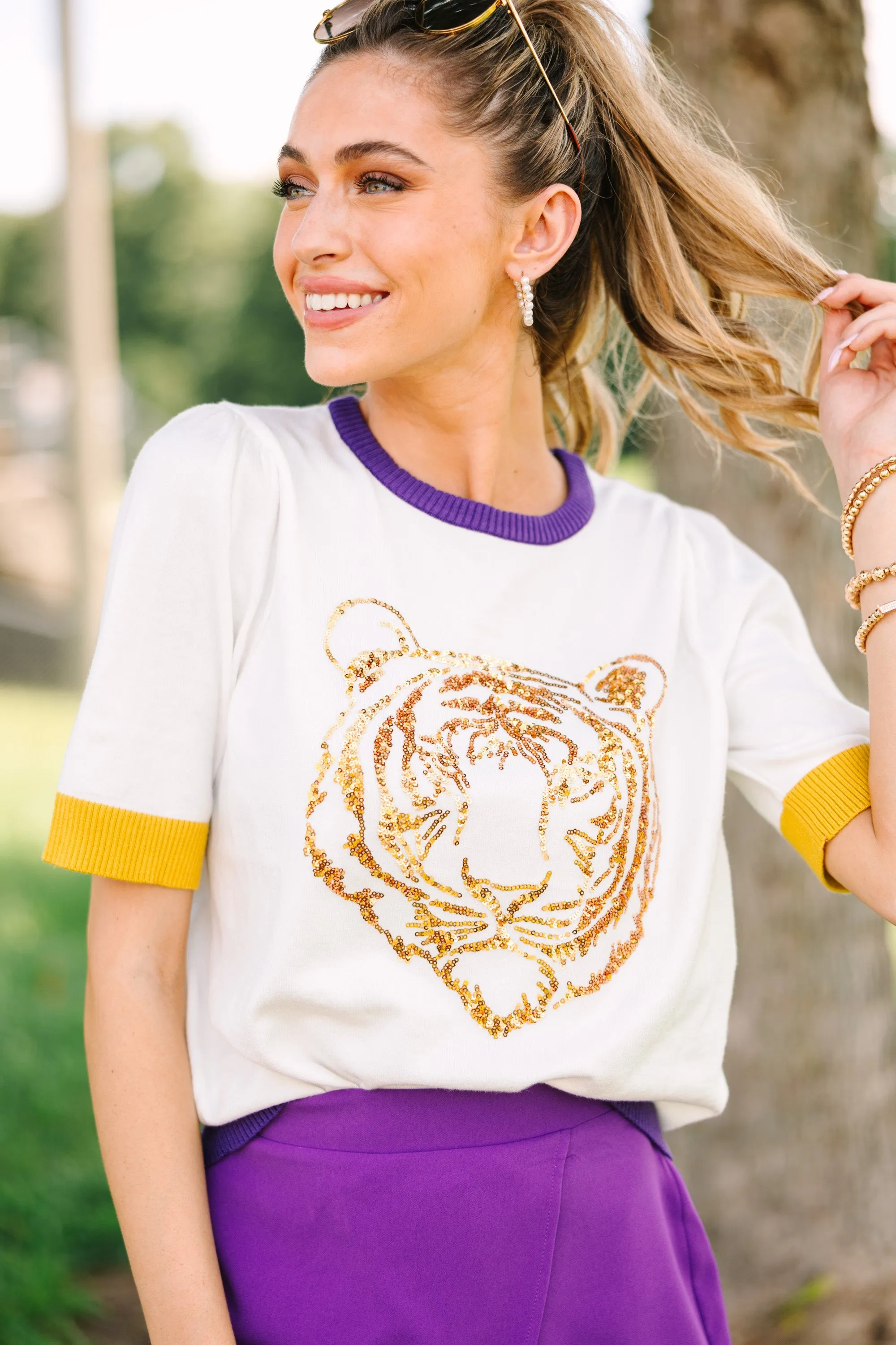 Stay In Character White/Purple Tiger Sweater