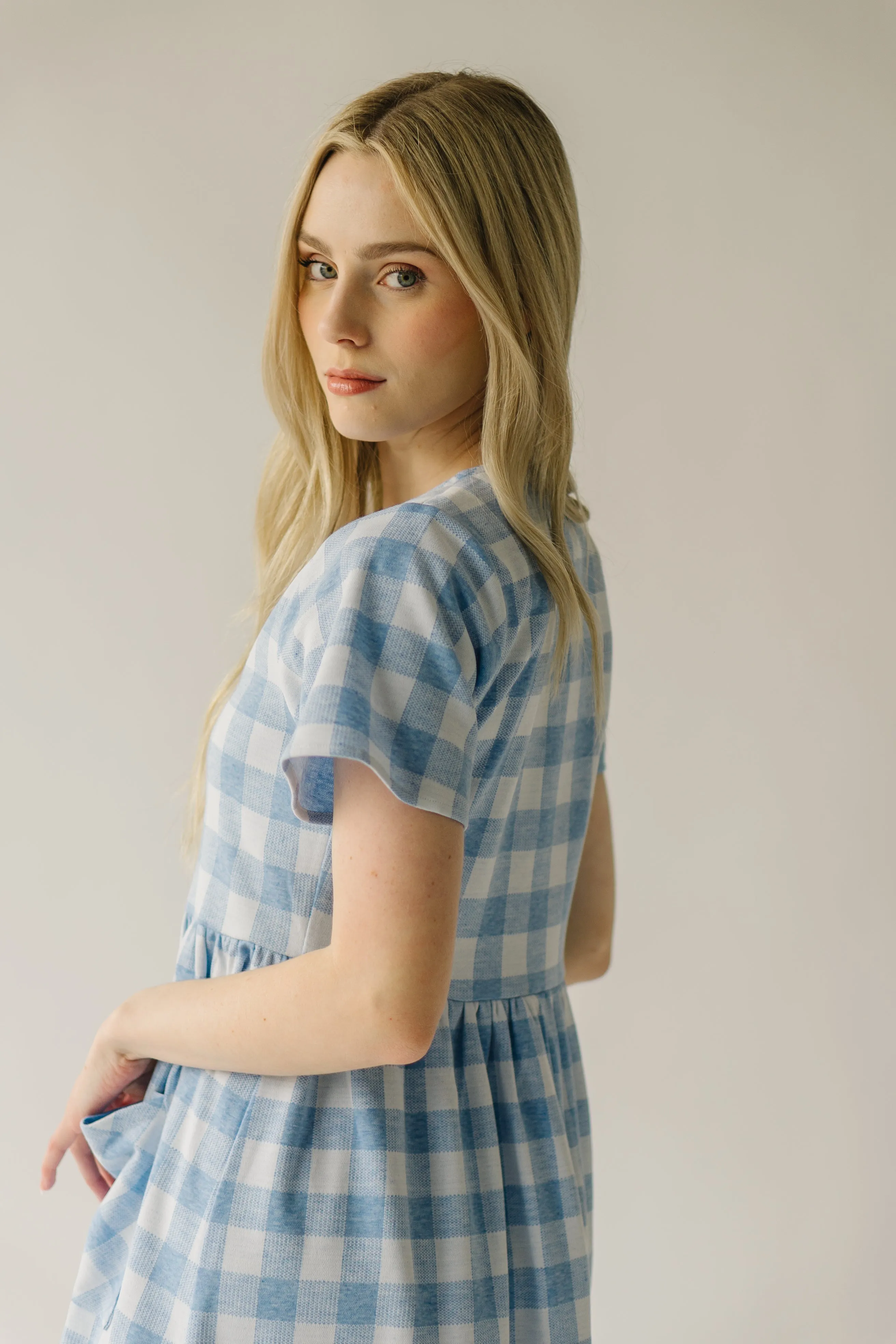 The Boice Button Front Gingham Dress in Blue Mutli