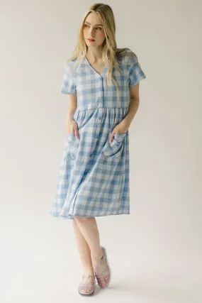 The Boice Button Front Gingham Dress in Blue Mutli