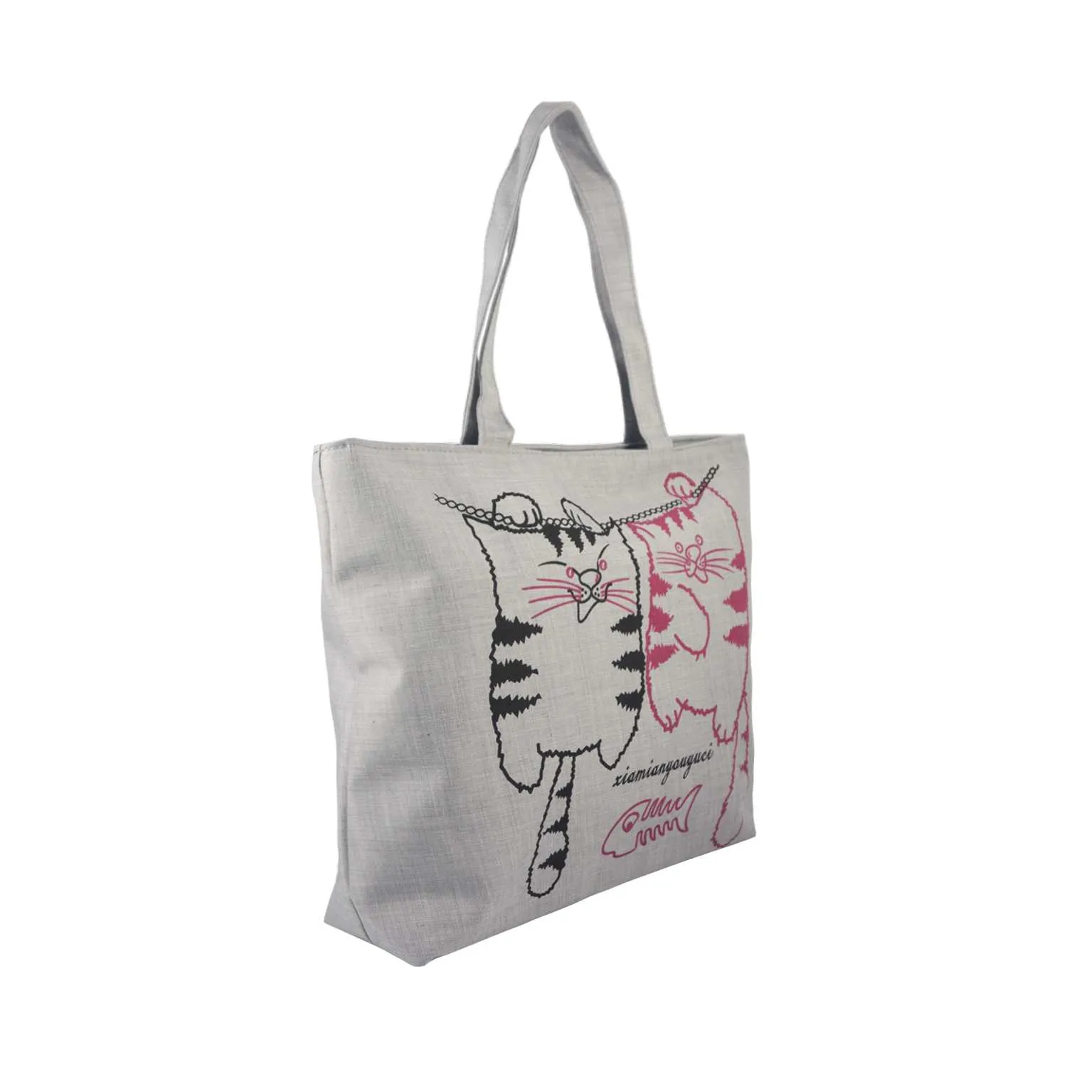 Two Kitties Illustration Canvas Tote Bag - Gray