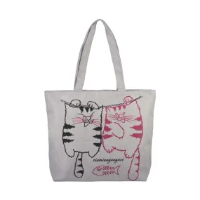 Two Kitties Illustration Canvas Tote Bag - Gray