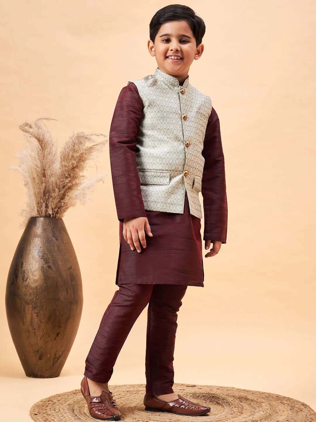 VASTRAMAY Boy's Beige Nehru Jacket With Wine Kurta And Pyjama Set