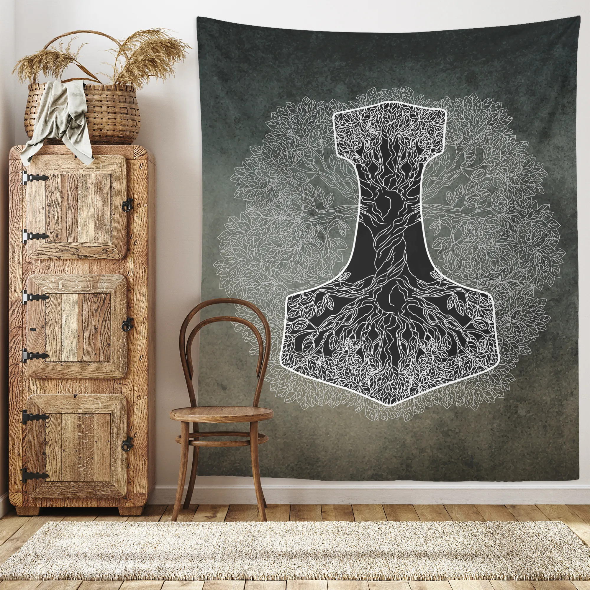 Yggdrasil World Tree of Life Mjolnir Wall Tapestry